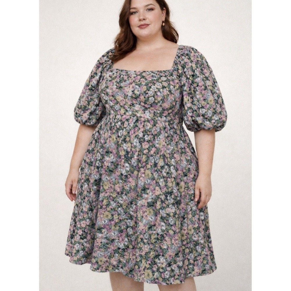 Polagram 3X Floral Cottagecore Whimsy Puff Sleeve Square Neck Dress Feminine